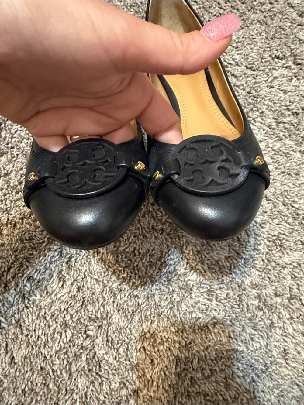 Tory Burch Block Heel Medallion Pumps Black Leather Size 8M